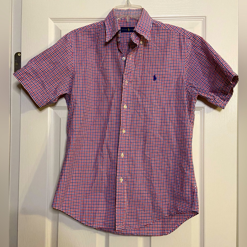Polo Ralph Lauren Shirt Seersucker Mens Small Red & Navy Button Down